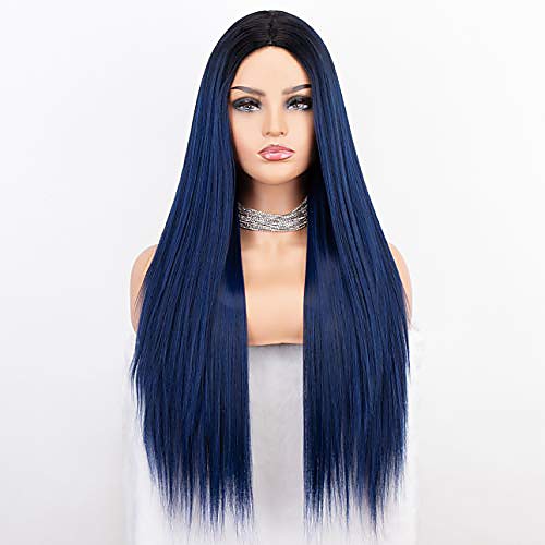 

long ombre blue wig with middle parting blue long straight wig ombre synthetic wigs for women
