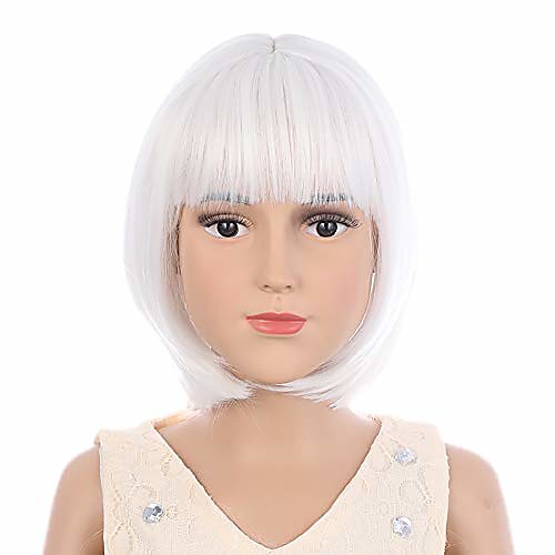

kids child short straight bob white wig for cosplay halloween party synthetic rose net wig for girls (white)