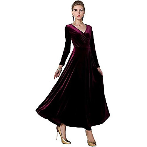 

women long sleeve v-neck velvet stretchy long dress (xx-large, mulberry)
