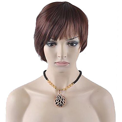

short straight tousled style synthetic wig natural as real hair free wig cap/free comb (wine brown)