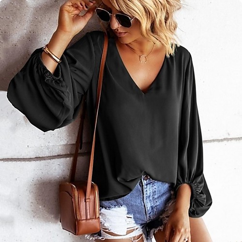 

Women's Tunic Plain Long Sleeve Patchwork V Neck Tops Sexy Basic Top Black Blue Red
