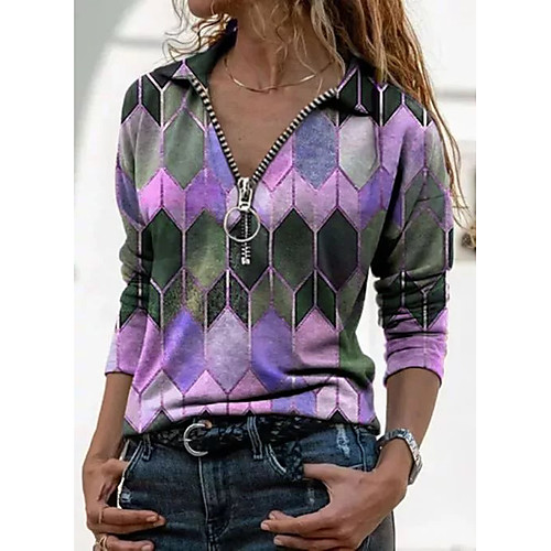 

Women's Blouse Shirt Color Block Long Sleeve Patchwork Print V Neck Tops Basic Top Blue Purple Yellow