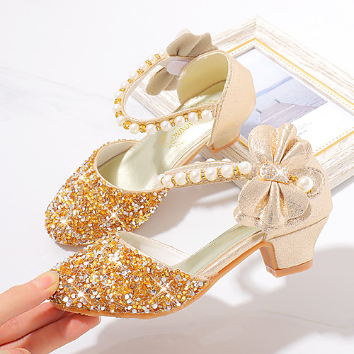 

Girls' Heels Moccasin Flower Girl Shoes Princess Shoes Rubber PU Little Kids(4-7ys) Big Kids(7years ) Daily Party & Evening Walking Shoes Rhinestone Buckle Sequin Pink Gold Silver Fall Spring