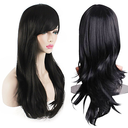 

Womens Heat Resistant 28-Inch 70cm Long Curly Hair Wig with Wig Cap Black