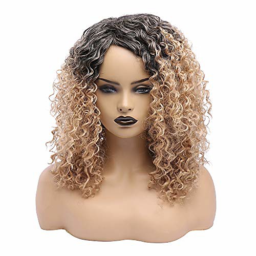 

short kinky curly afro wigs for black women synthetic shoulder length fluffy full wig for african american with color ombre dark roots (ombre blonde)