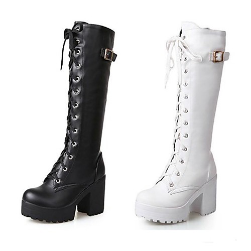 

Women's Block Heel Boots Block Heel Chunky Heel Knee High Boots Slouch Boots Punk & Gothic Dress Leatherette Lace-up Solid Colored White Black