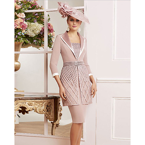 

Sheath / Column Mother of the Bride Dress Plus Size Elegant Vintage Square Neck Knee Length Lace Satin 3/4 Length Sleeve with Sash / Ribbon Appliques 2021