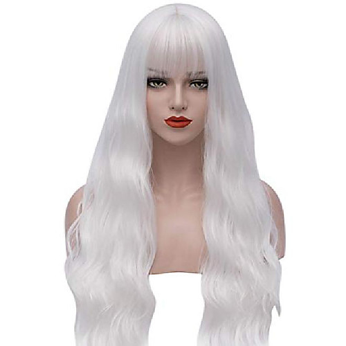 

white wigs for women long wavy hair wigs with bangs fashion costume wigs for party cosplay halloween synthetic full wigs for lady girls (white) dx030w