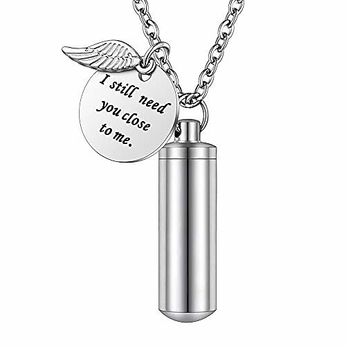 

cylinder urn necklace for ashes cremation jewelry/keychain for human pet stainless steel memorial keepsake pendant with angel wing charm ashes jewelry-silver m