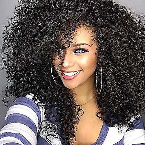 

short kinky curly afro wig for black women - fluffy shoulder length heat resistant synthetic full wig with bangs - 14 inches black