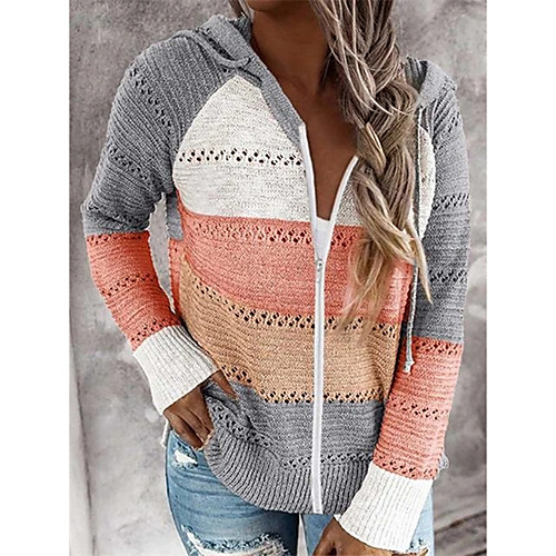 

Women's Basic Knitted Color Block Cardigan Long Sleeve Sweater Cardigans Hooded Fall Winter Blushing Pink Wine Orange