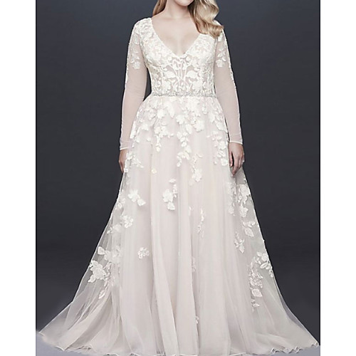 

A-Line Wedding Dresses V Neck Court Train Lace Tulle Long Sleeve Illusion Sleeve with Beading Appliques 2021