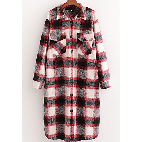 

Women's Plaid Fall & Winter Shirt Collar Coat Long Daily Long Sleeve Tweed Coat Tops Red