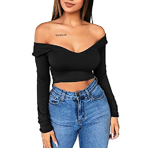 

women's sexy off shoulder v neck long sleeves club crop top black