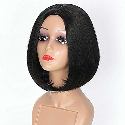 

straight short bob wigs for black women synthetic full hair wig heat resistant 12 inch middle part black hair wigs (black)