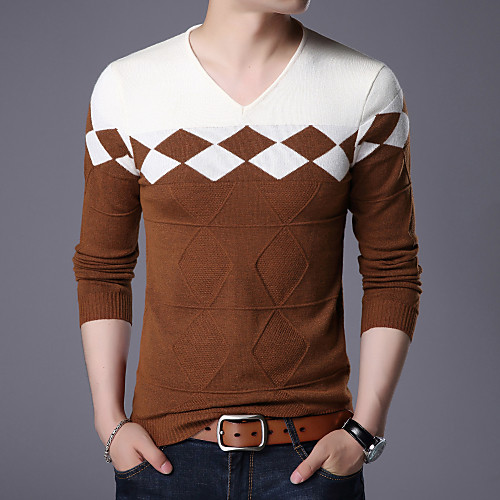 

Men's Wedding Distressed Knitted Braided Geometric Color Block Pullover Sweater Long Sleeve Sweater Cardigans V Neck Fall Winter Yellow Wine Camel