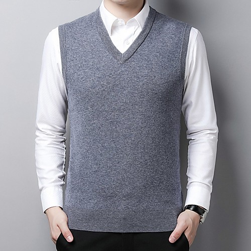 

Men's Stylish Knitted Solid Color Abstract Pullover Sleeveless Sweater Cardigans V Neck Fall Winter Fuchsia Camel Dark Gray