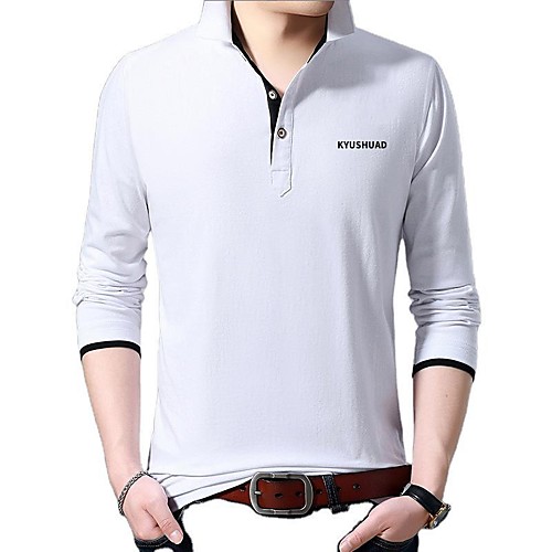 

Men's Polo T shirt Other Prints Letter Long Sleeve Going out Tops Tropical White Black Light gray