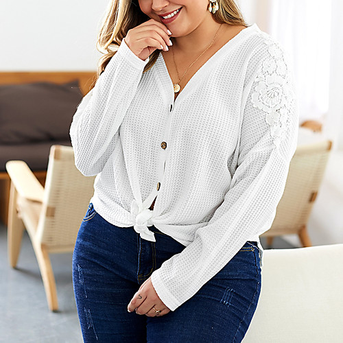 

Women's Plus Size Blouse Shirt Plain Long Sleeve Button Print V Neck Tops Basic Top White Army Green Khaki