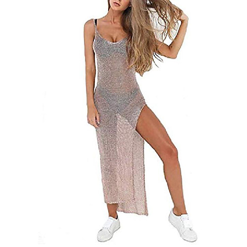 

women's sexy see though gold side slit long beach dress bikini cover-up swimsuit