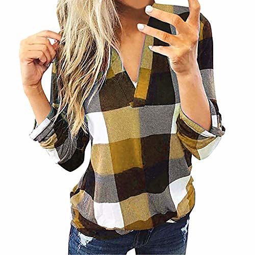 

women roll up long sleeve flannel plaid shirt pullover sexy v neck slim tops casual loose boyfriend tunic t shirts blouses gold