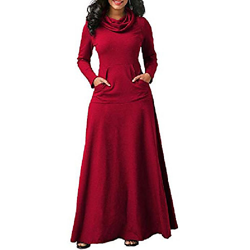 

women's solid casual loose turtleneck long sleeve dress with pockets, burgundy, 5xl