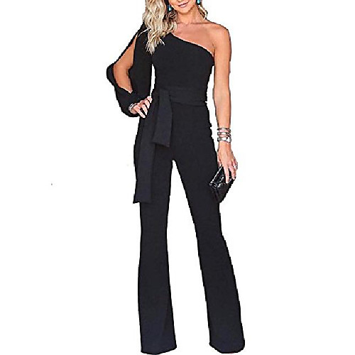 

sexy solid color one off shoulder long split sleeve wide leg long romper jumpsuit with belt size xl black2