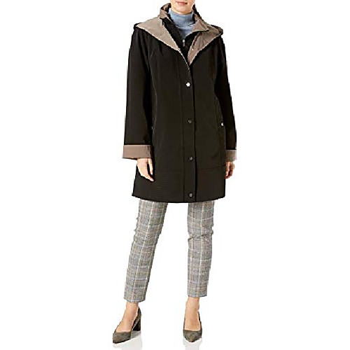 

women's hooded trench coat rain jacket, black/taupe, large