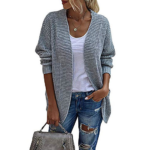 

women's winter open front long sleeve casual knit pockets ribbed hem cuffs chunky long sweater cardigan grey