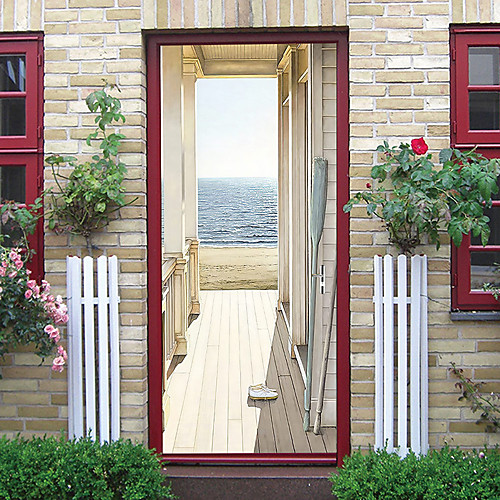 

Creative Self-adhesive Door Stickers Hot Sale Seaside Wooden House Living Room Bedroom DIY Decorative Home Waterproof Wall Stickers