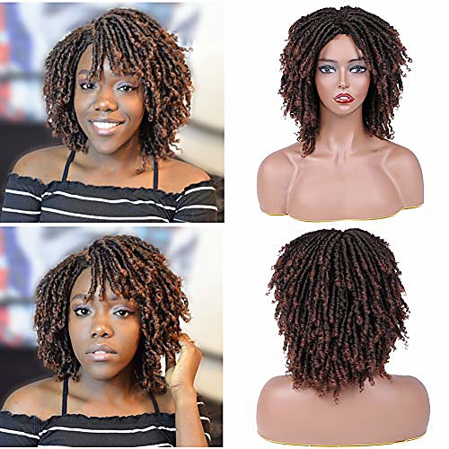 

dreadlock wig 6 inches short curly wig for black women soft faux loc wig synthetic twist wigs daily party 240g(black brown 6inches)