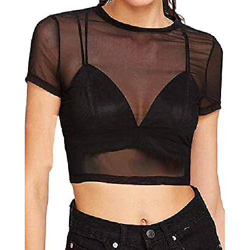 

women's sheer mesh tee blouse short sleeve crop tops (black, medium)