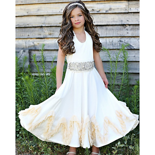 

A-Line Knee Length Party / Wedding Flower Girl Dresses - Nylon Half Sleeve Jewel Neck with Sash / Ribbon / Appliques