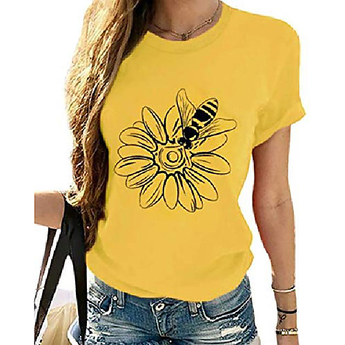 

slim fit womens casual t shirts tops letter sunflower graphic printed tshirts short sleeve shirts for women yellow