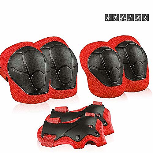 

kids sports protective gear, children knee pads elbow pads wrist guards set for skating cycling bike and other outdoor sports (red)