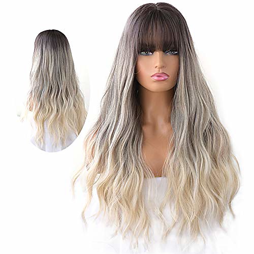 

natural long wavy curly wig for women hair dye synthetic full wig with bangs (blond)