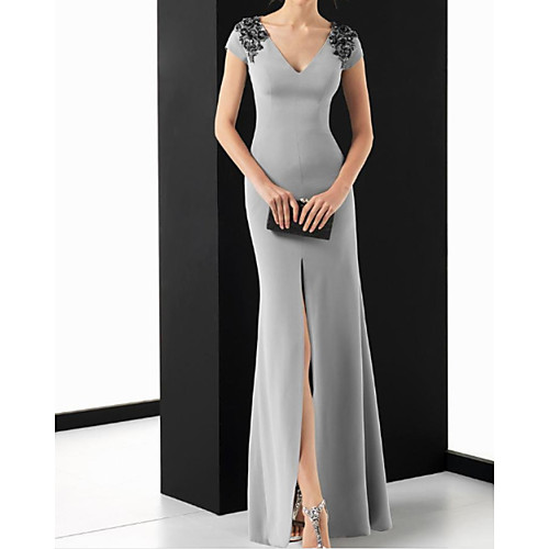 

Sheath / Column Elegant Vintage Wedding Guest Formal Evening Dress V Neck Short Sleeve Floor Length Spandex with Beading Split 2021