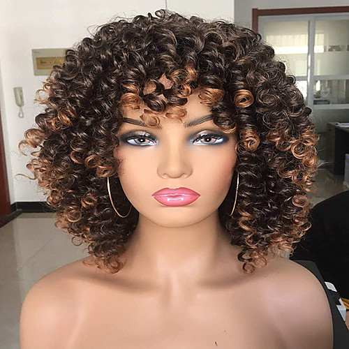 

Short Curly Wig for Black Women with Bangs Big Bouncy Fluffy Kinky Curly Wig Heat Resist Soft Synthetic 2Tone Ombre Darkest Brown Short Curly Afro Wig