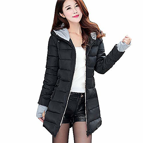

women long sleeve outerwear with gloves cotton-padded jackets pocket hooded coat(medium,black)