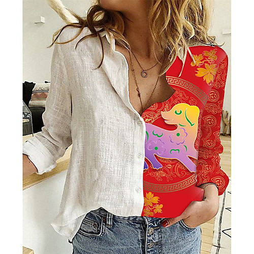 

Women's Blouse Shirt Cartoon Dog Long Sleeve Patchwork Print Shirt Collar Tops Basic Top Red