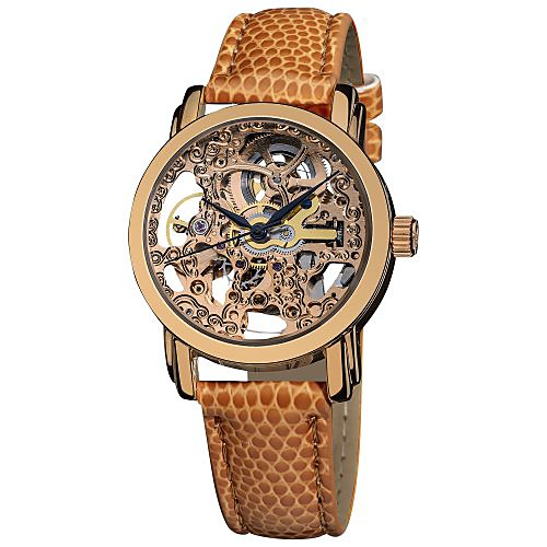 

women's skeleton automatic watch - stainless steel see-through face and leather dress band watch