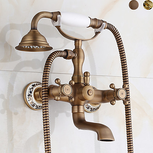

Bathtub Clawfoot Faucet with Cold/Hot Water Antique Copper Finish Wall Mount Tub Filler with Hand Held Shower Faucet 2 Cross Handles with Tub Spout Telephone Style