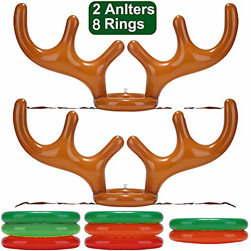 

2 pack inflatable reindeer antler ring toss game for christmas halloween thanksgiving xmas party game headband inflatable toys for holiday family school photo props game(2 antlers, 8 rings)