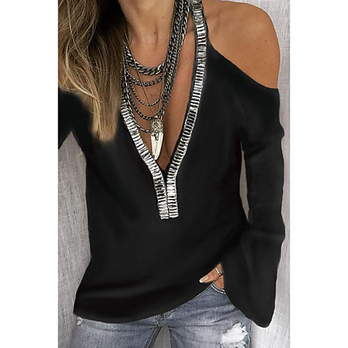 

Women's Blouse Shirt Plain Long Sleeve Patchwork V Neck Tops Streetwear Basic Top White Black Purple