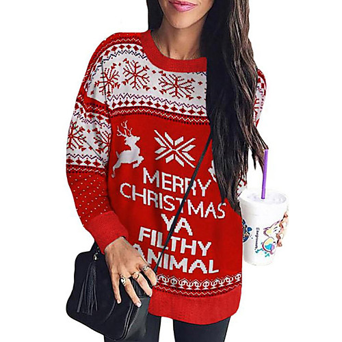 

Women's Stylish Christmas Knitted Geometric Pullover Long Sleeve Sweater Cardigans Crew Neck Fall Winter Red