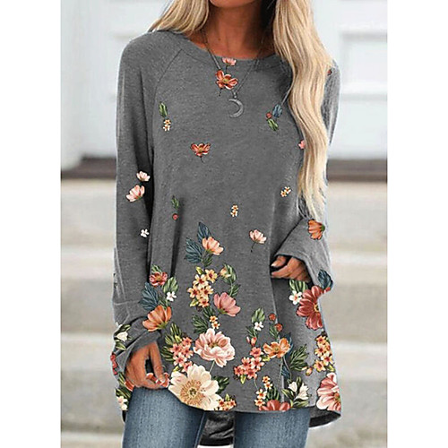 

Women's T Shirt Dress Tee Dress Short Mini Dress Blue Khaki Gray Long Sleeve Floral Patchwork Print Fall Spring Round Neck Casual 2021 S M L XL XXL 3XL 4XL 5XL / Plus Size