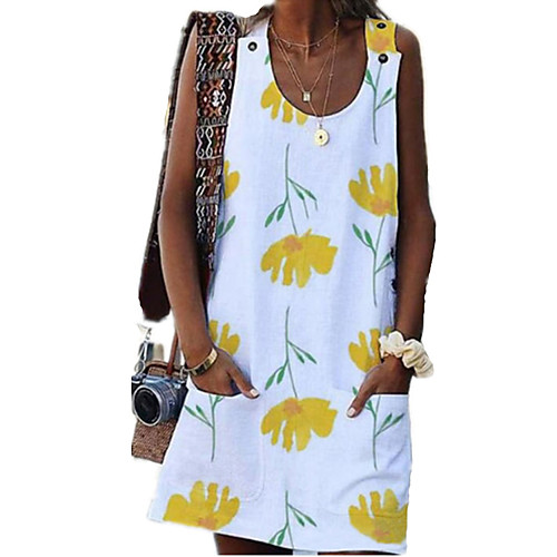 

Women's A Line Dress Short Mini Dress White Sleeveless Floral Print Summer Round Neck Elegant Loose 2021 S M L XL XXL 3XL