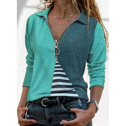 

Women's T-shirt Striped Color Block Long Sleeve V Neck Shirt Collar Tops Hawaiian Basic Top Red Yellow Green