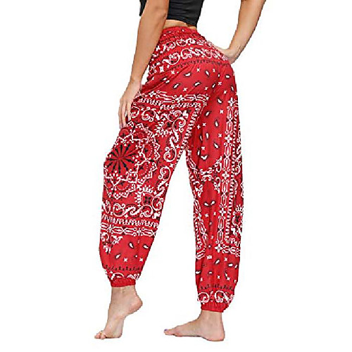 

women's smocked waist floral print harem hippie boho yoga palazzo casual pants,paisley red