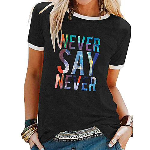 

Women's T-shirt Letter Patchwork Print Round Neck Tops Basic Basic Top White Black Blue